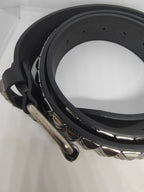 Ceinture noire 120 cm robuste et épaisse, clous serrés gris anthracite brillants et fumés
