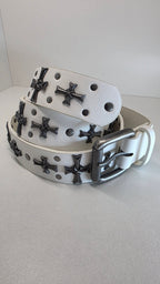 Ceinture blanche robuste et épaisse, croix et clous rivetés - Metalvest