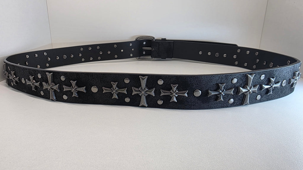 Ceinture noire robuste et épaisse, croix et clous rivetés - Metalvest