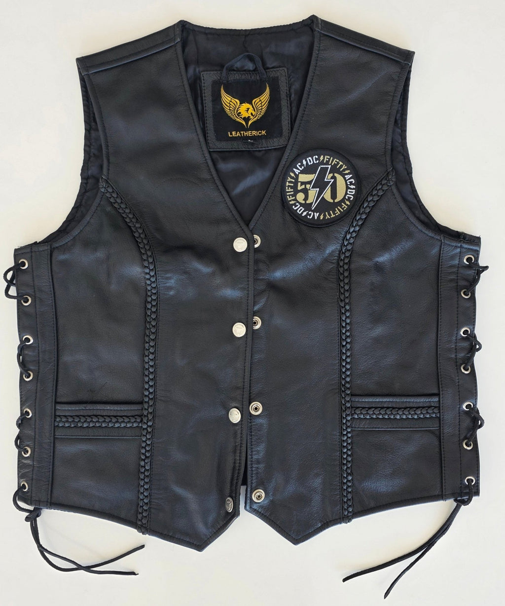 Veste à patchs en cuir noir de marque Leatherick - taille L - Metalvest