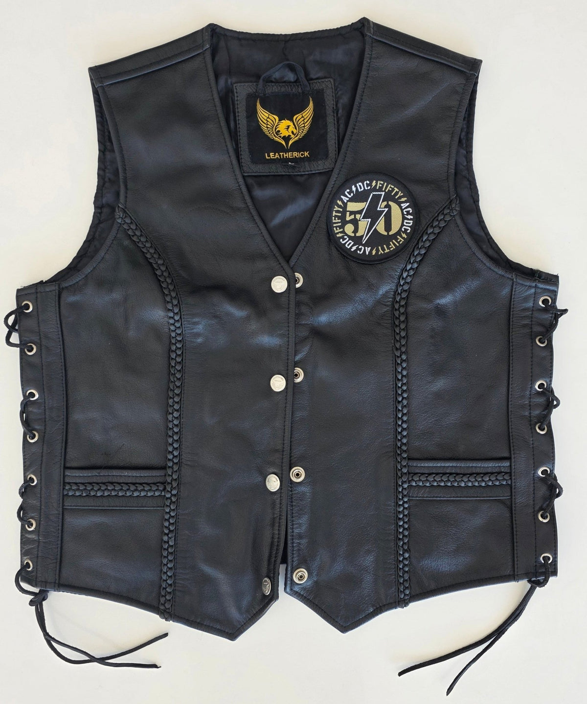 Veste à patchs en cuir noir de marque Leatherick - taille L - Metalvest